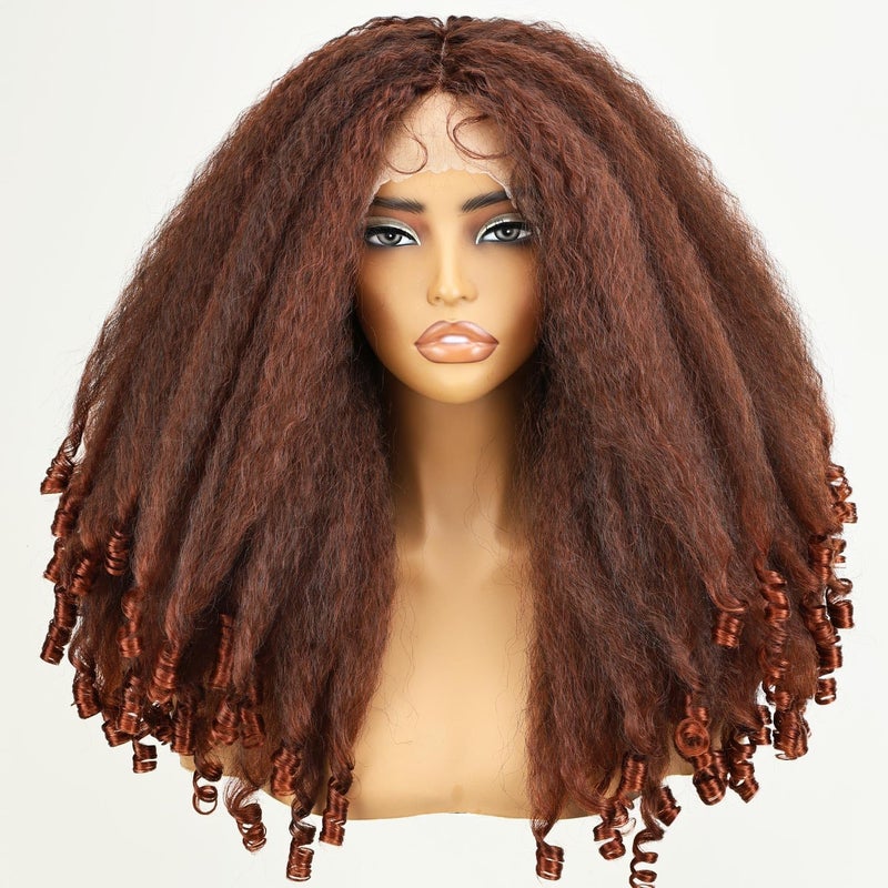 SOKU Afro Curly Lace Front Wig Synthetic Copper Reddish T Part 20 Inch Crimp to Curl Kinky Straight with Curly Ends Preplucked with Baby Hair Transparent Swiss Lace Yaki Texture Ginger Wigs for Women